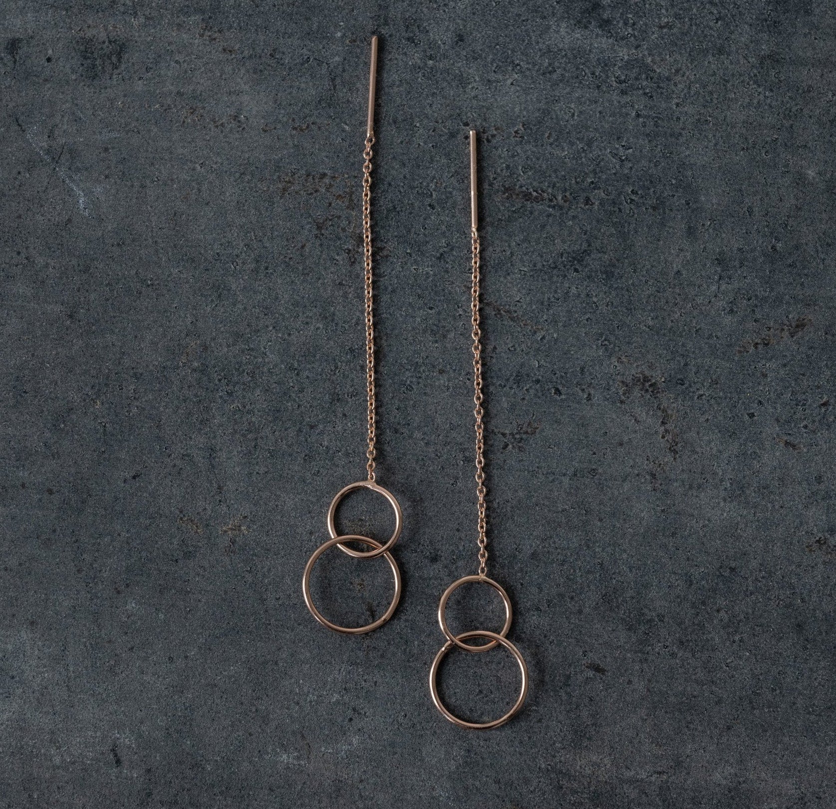 'Two small rings' chain stick earrings | rose gold