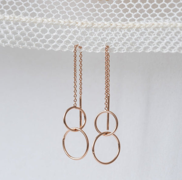 'Two small rings' chain stick earrings | rose gold
