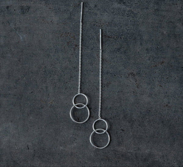 'Two small rings' chain stick earrings | rose gold