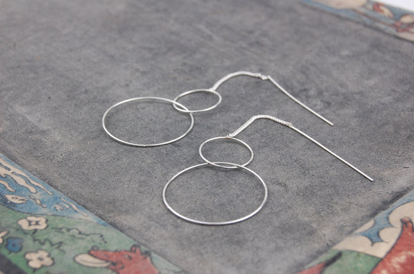 'Two rings' chain stick earrings | 925 Silver oxidized